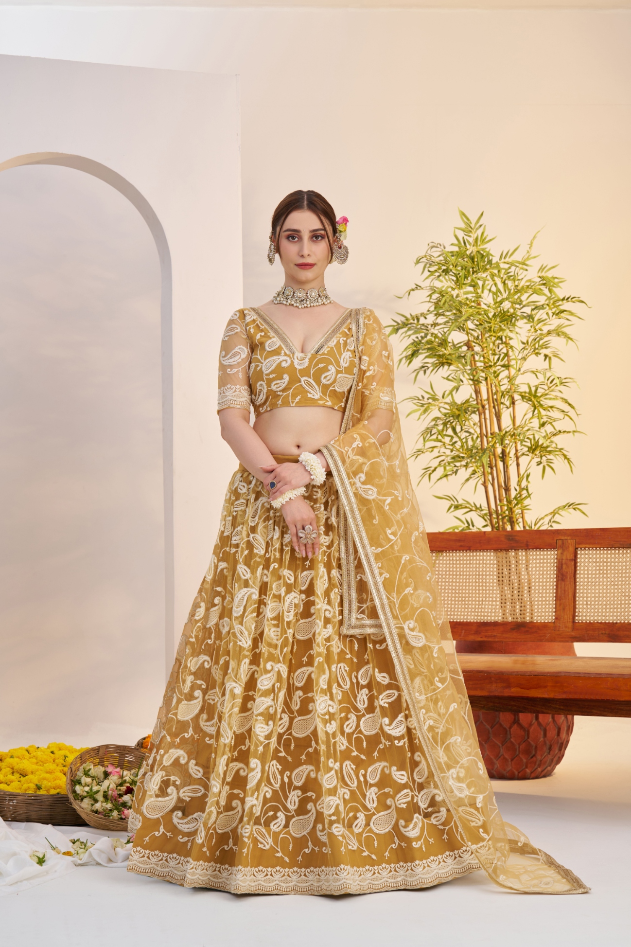 Mustard Mughal Embroidered Butterfly Net Flared Lehenga Choli