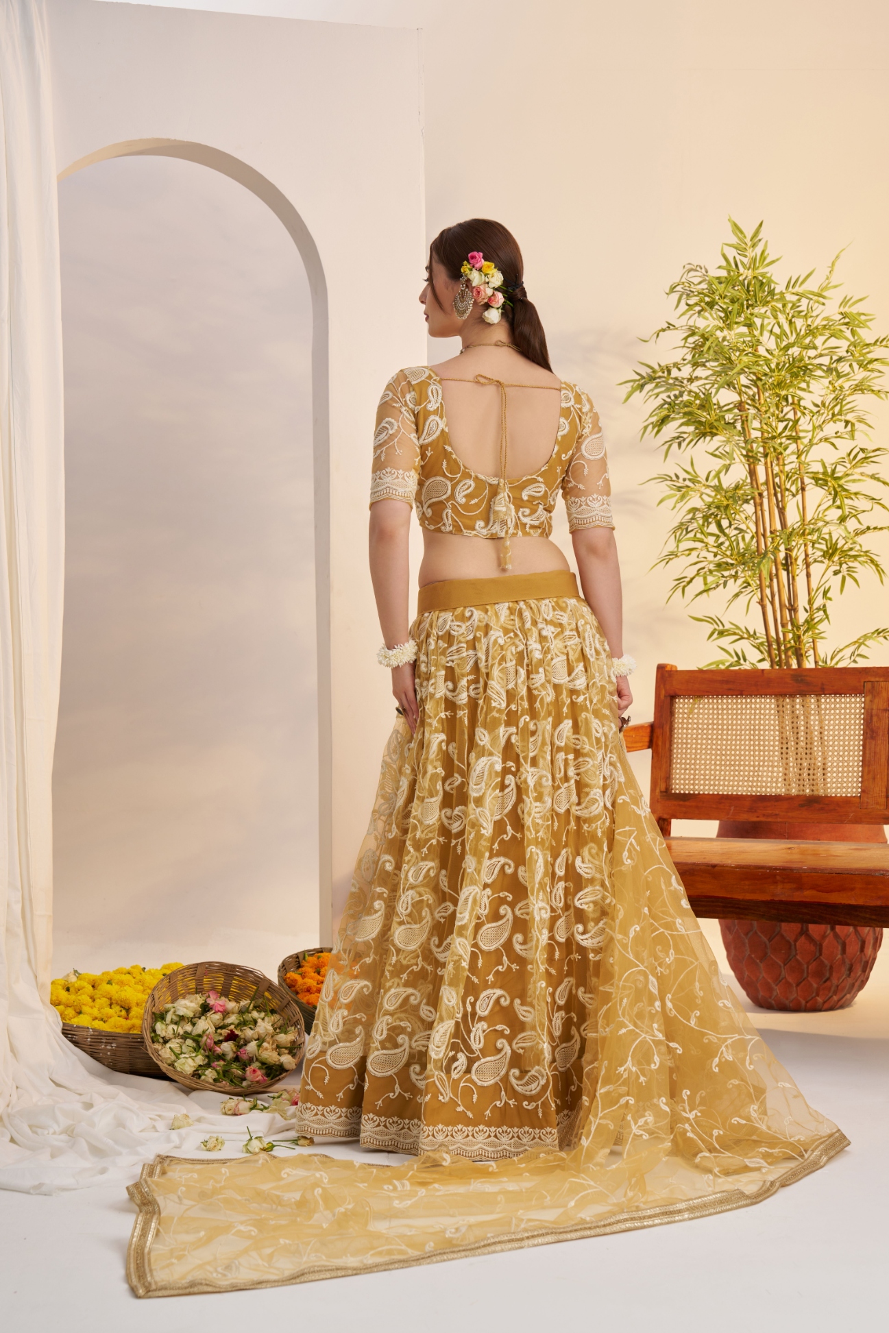 Mustard Mughal Embroidered Butterfly Net Flared Lehenga Choli — alternate view