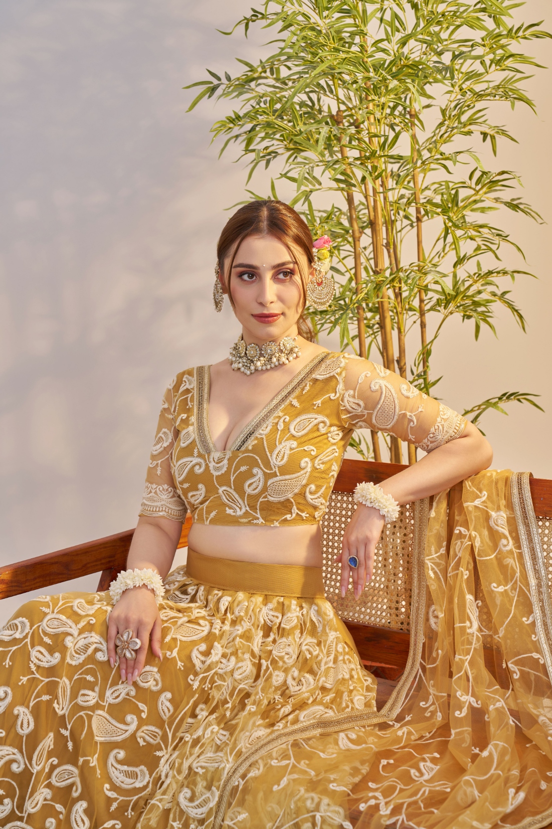 Mustard Mughal Embroidered Butterfly Net Flared Lehenga Choli