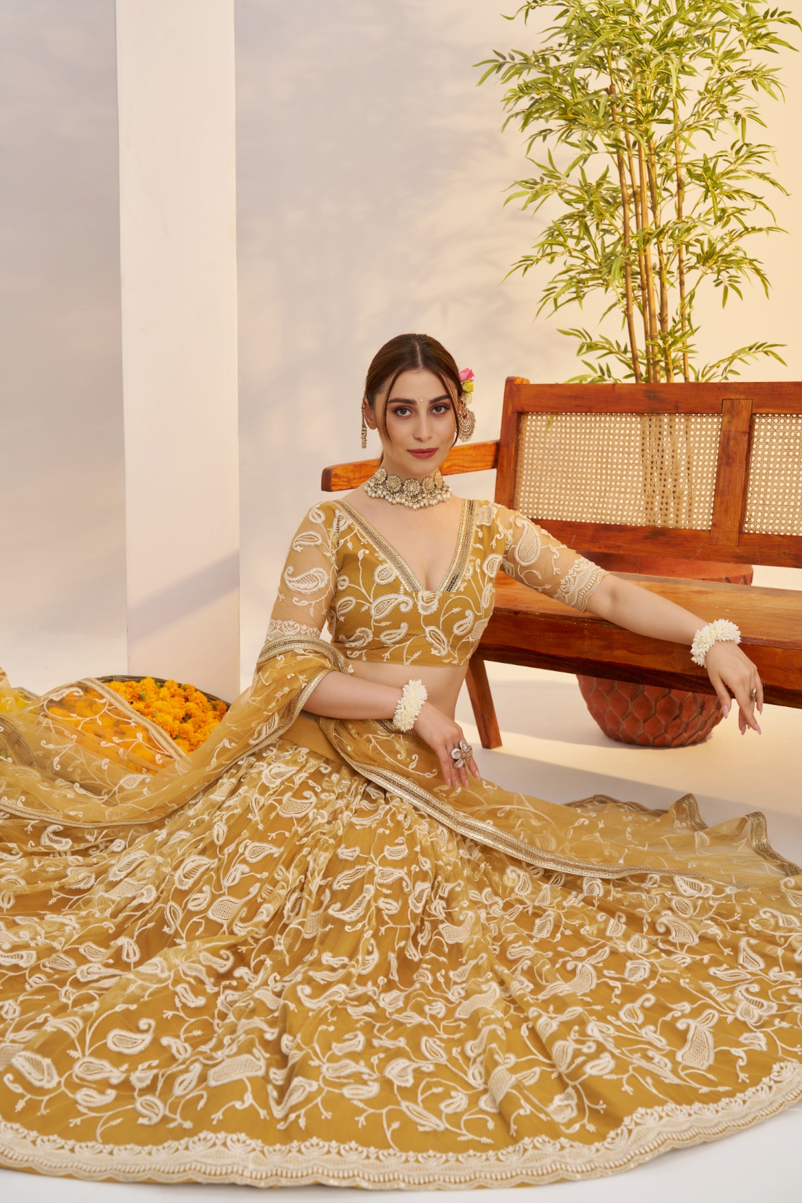 Mustard Mughal Embroidered Butterfly Net Flared Lehenga Choli