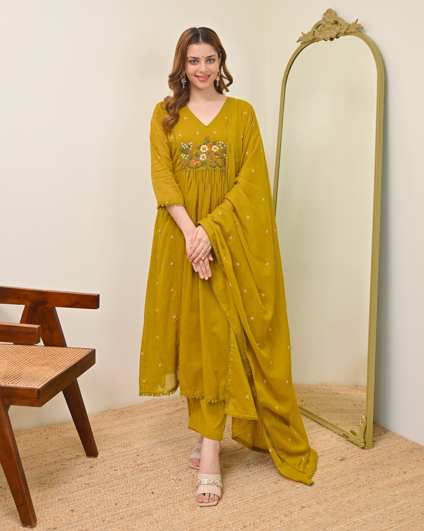 Mustard Mughal Embroidered Chanderi Salwar Suit