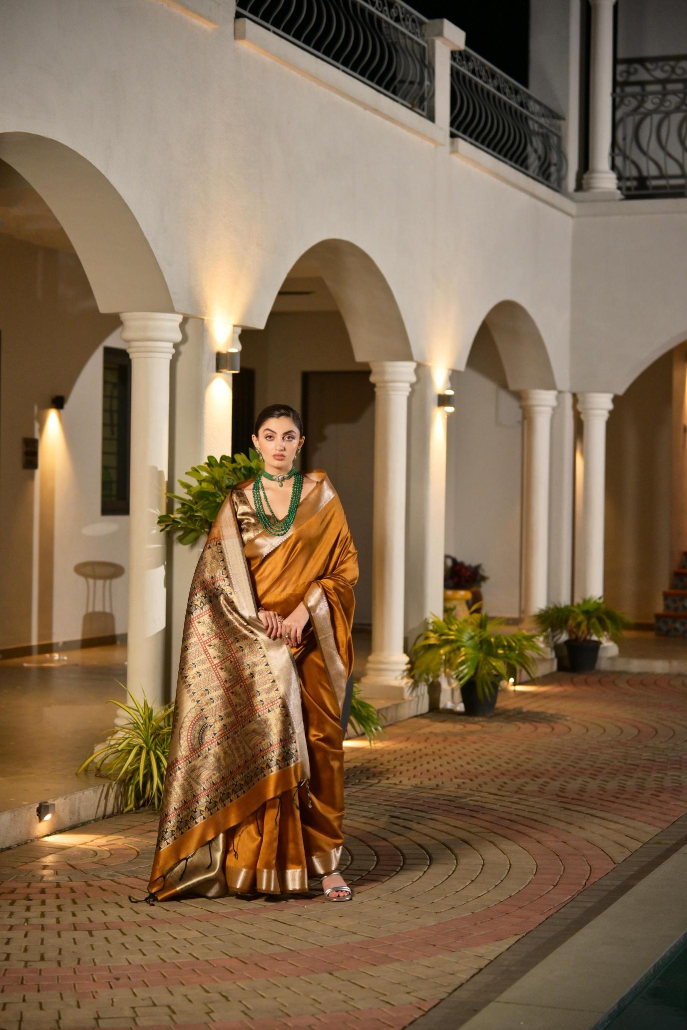 Mustard N Beige Khadi Raw Silk Saree