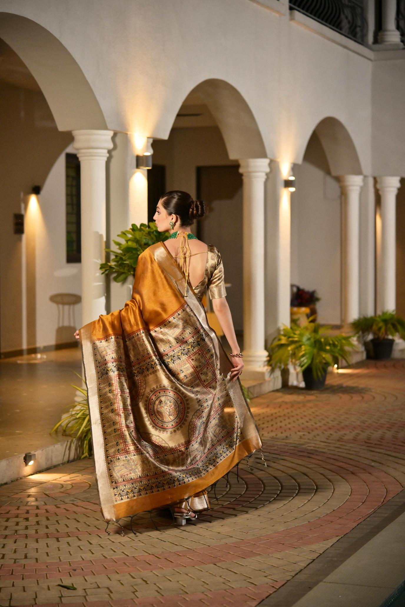 Mustard N Beige Khadi Raw Silk Saree — alternate view