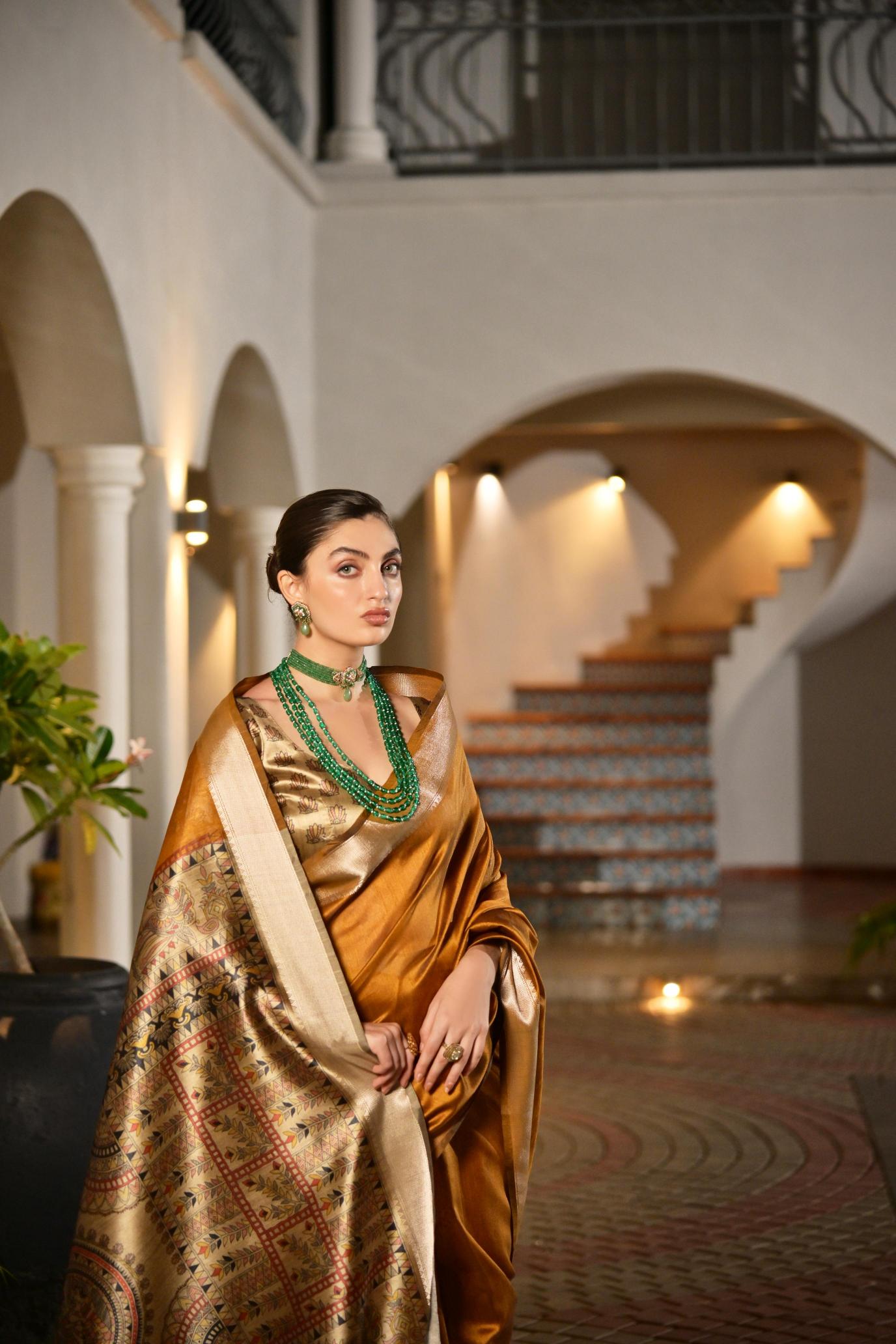 Mustard N Beige Khadi Raw Silk Saree