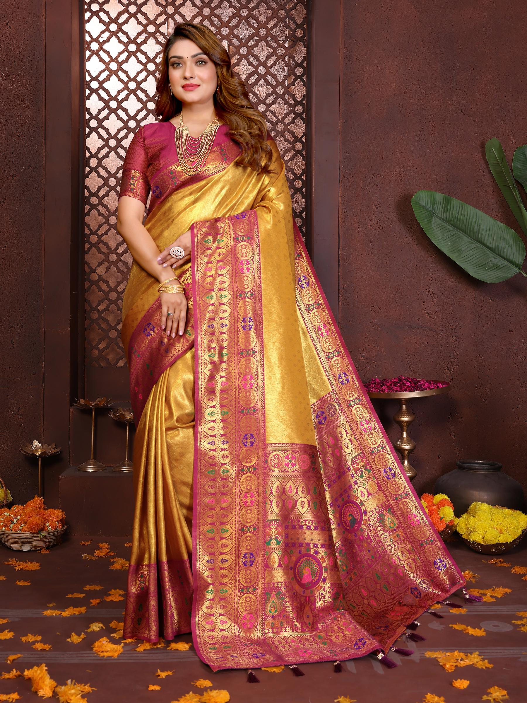 Mustard N Maroon Banarasi Tissue Silk Saree