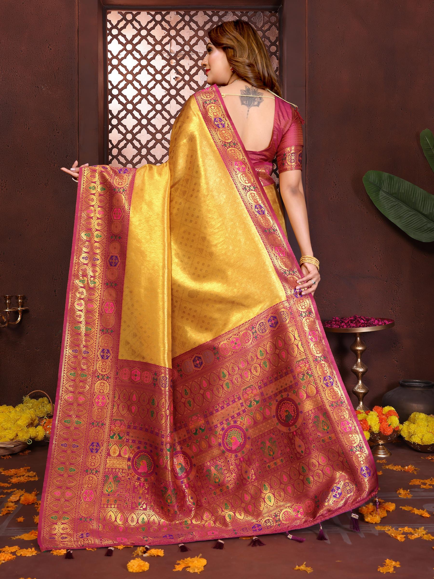 Mustard N Maroon Banarasi Tissue Silk Saree — alternate view