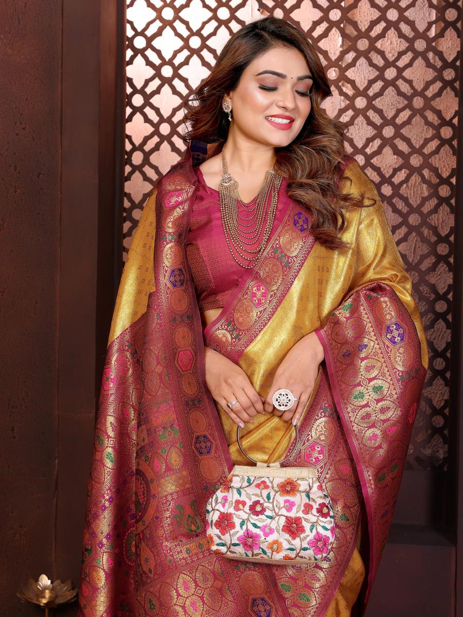 Mustard N Maroon Banarasi Tissue Silk Saree