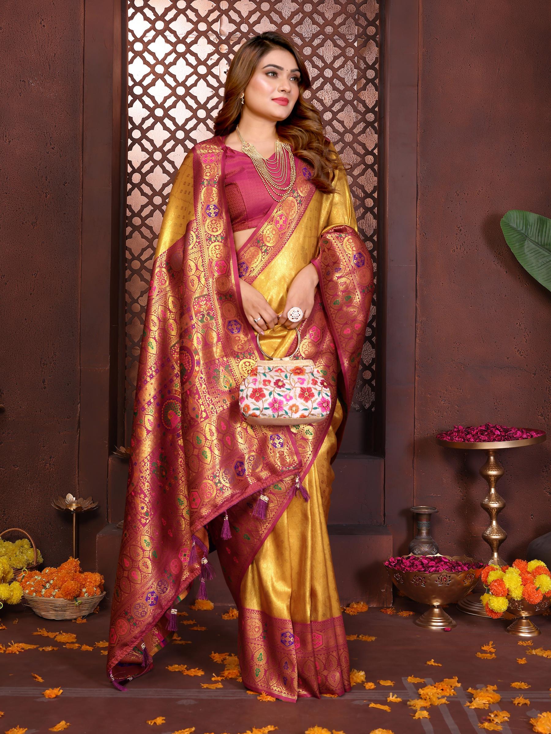 Mustard N Maroon Banarasi Tissue Silk Saree