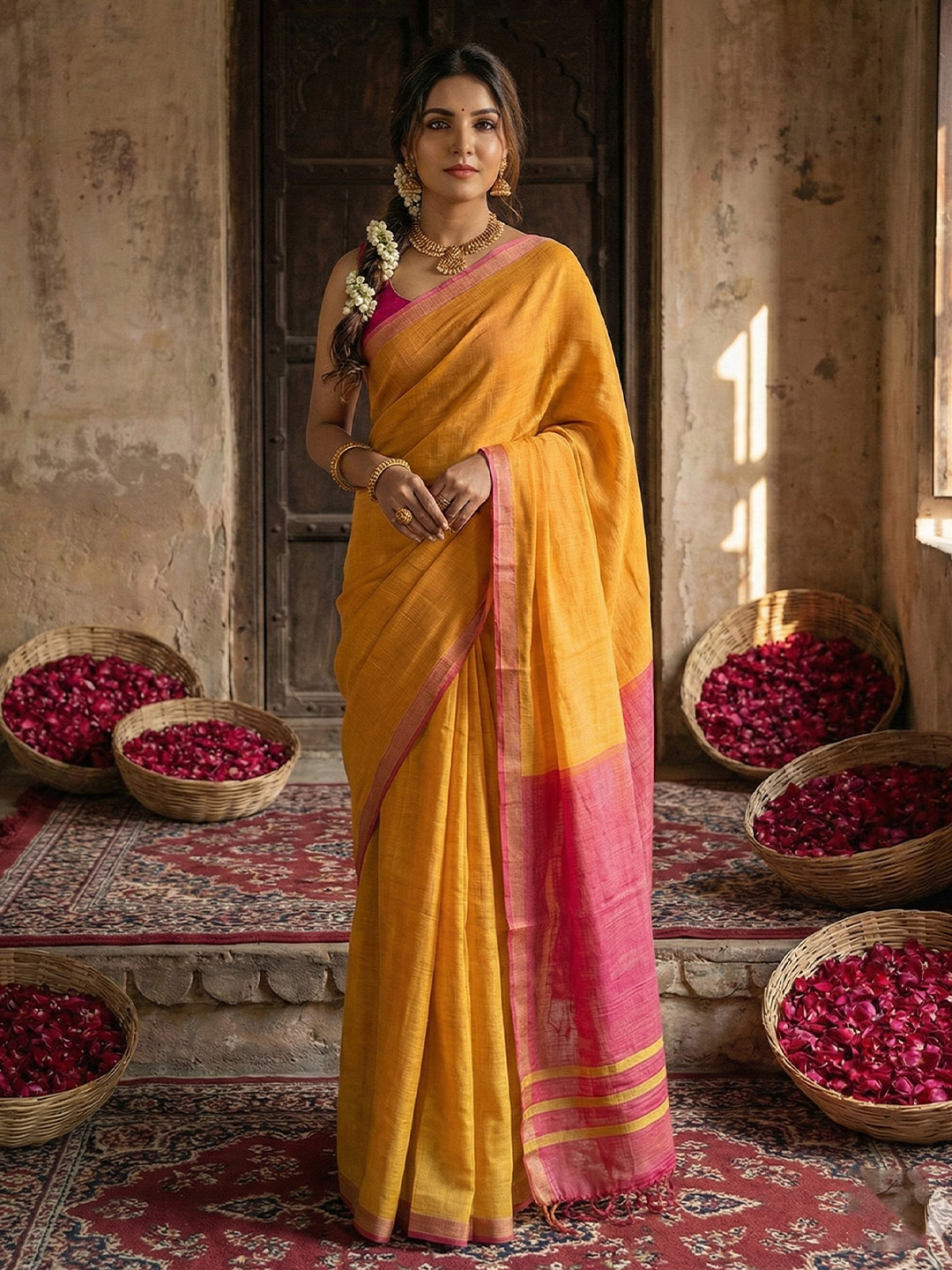Mustard N Pink Woven Designer Cotton Saree
