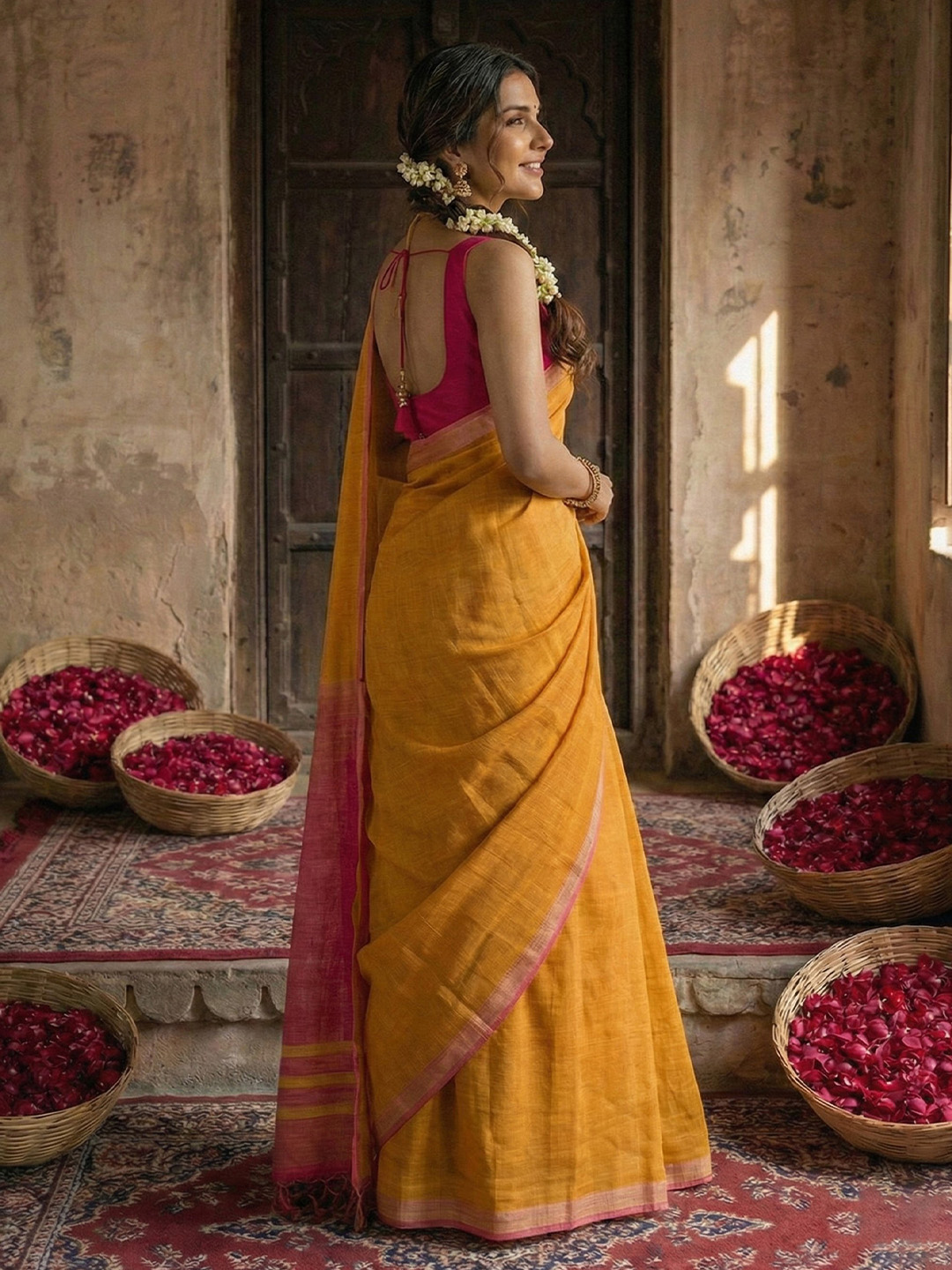 Mustard N Pink Woven Designer Cotton Saree — alternate view