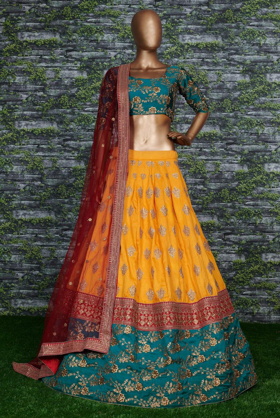 Mustard N Teal Green Banarasi Silk Bridal Lehenga Choli