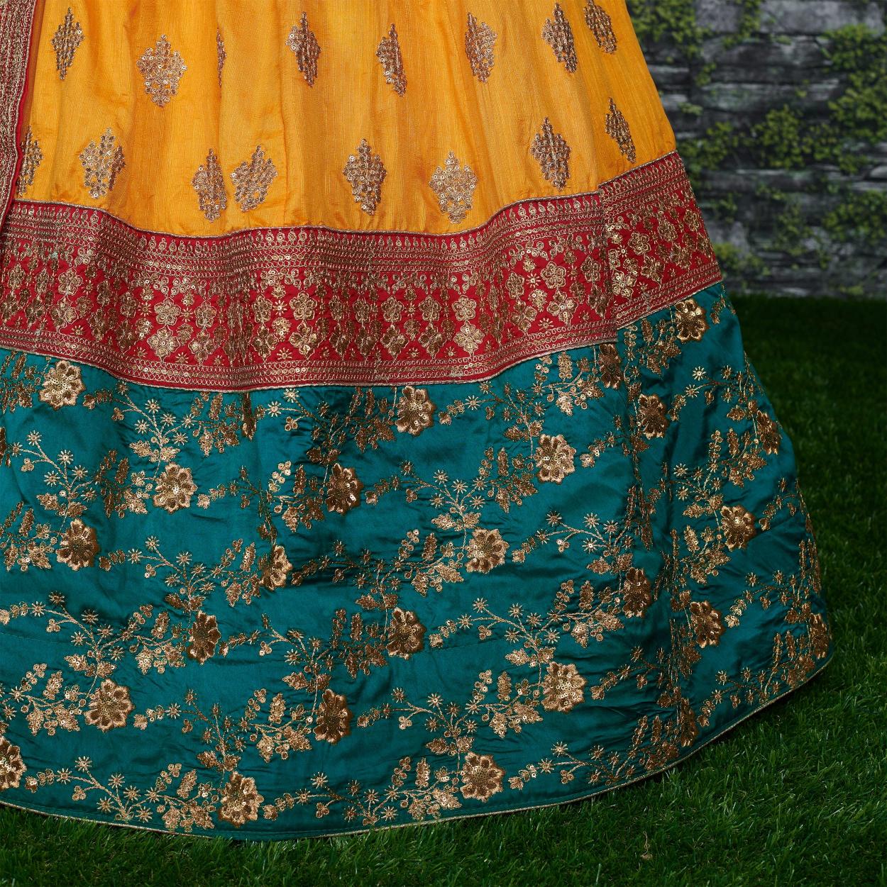 Mustard N Teal Green Banarasi Silk Bridal Lehenga Choli