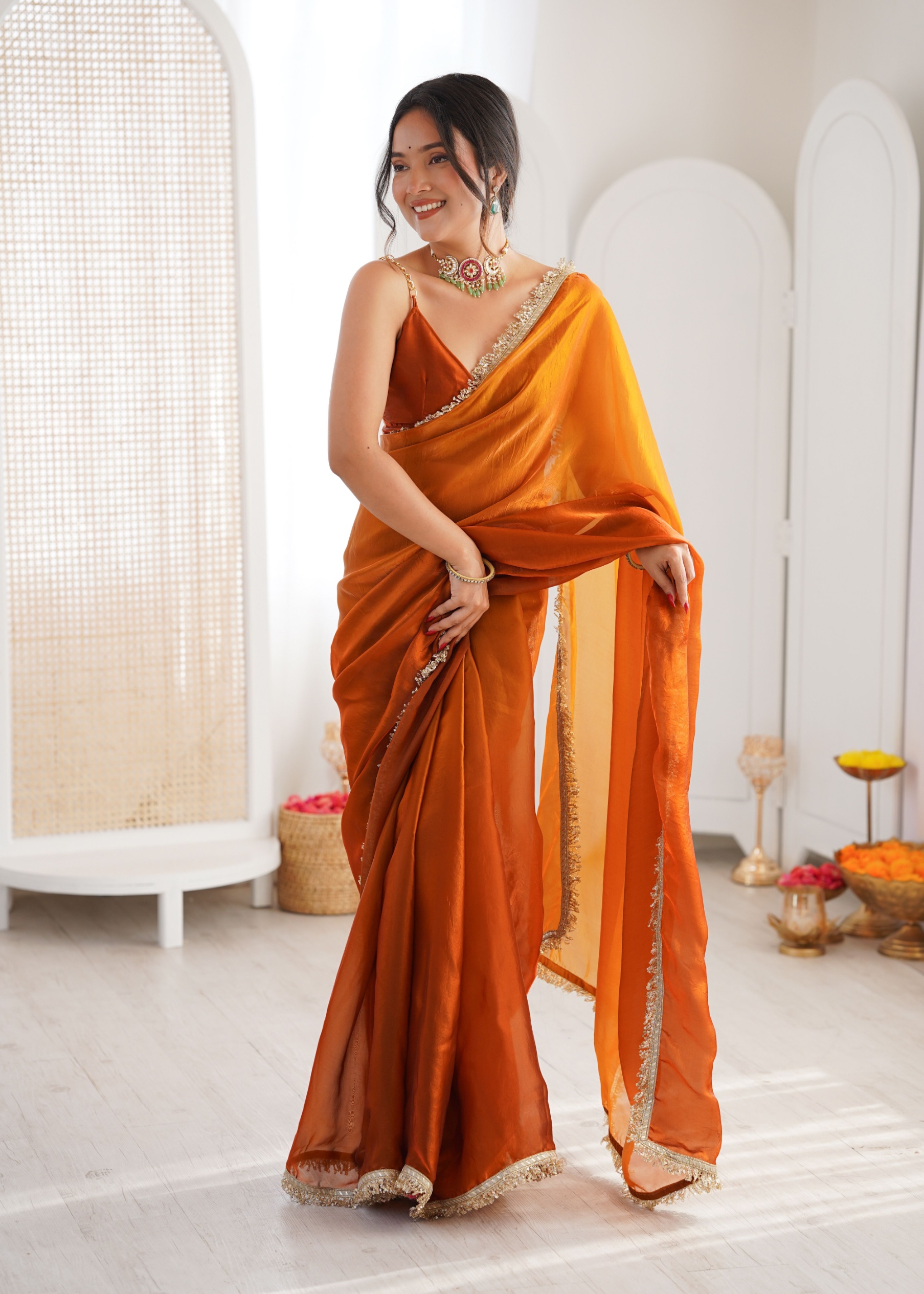 Mustard Ombre Lace Fendy Satin Saree