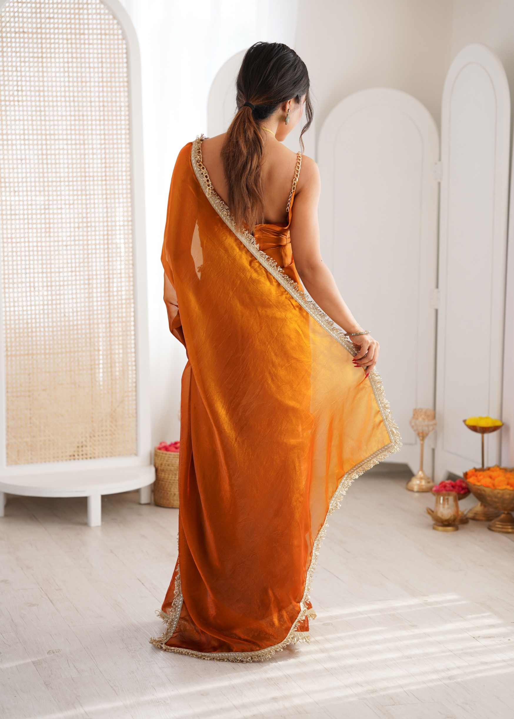 Mustard Ombre Lace Fendy Satin Saree — alternate view