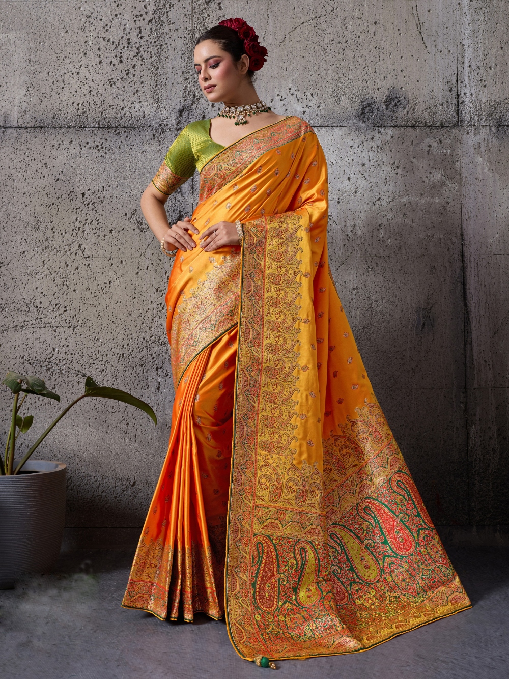 Mustard Paisley Meenakari Satin Silk Saree