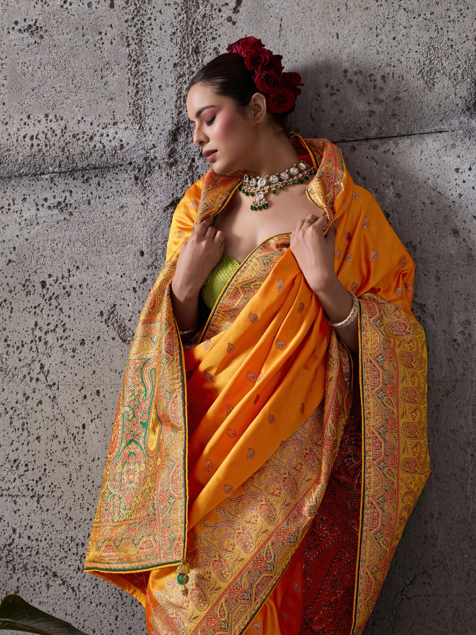 Mustard Paisley Meenakari Satin Silk Saree — alternate view