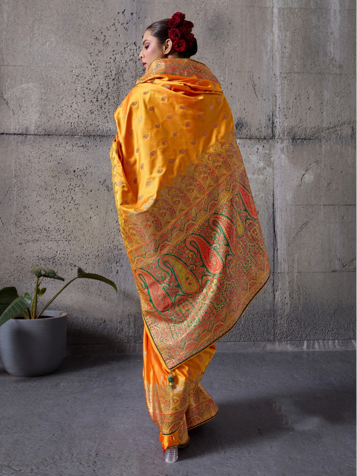 Mustard Paisley Meenakari Satin Silk Saree