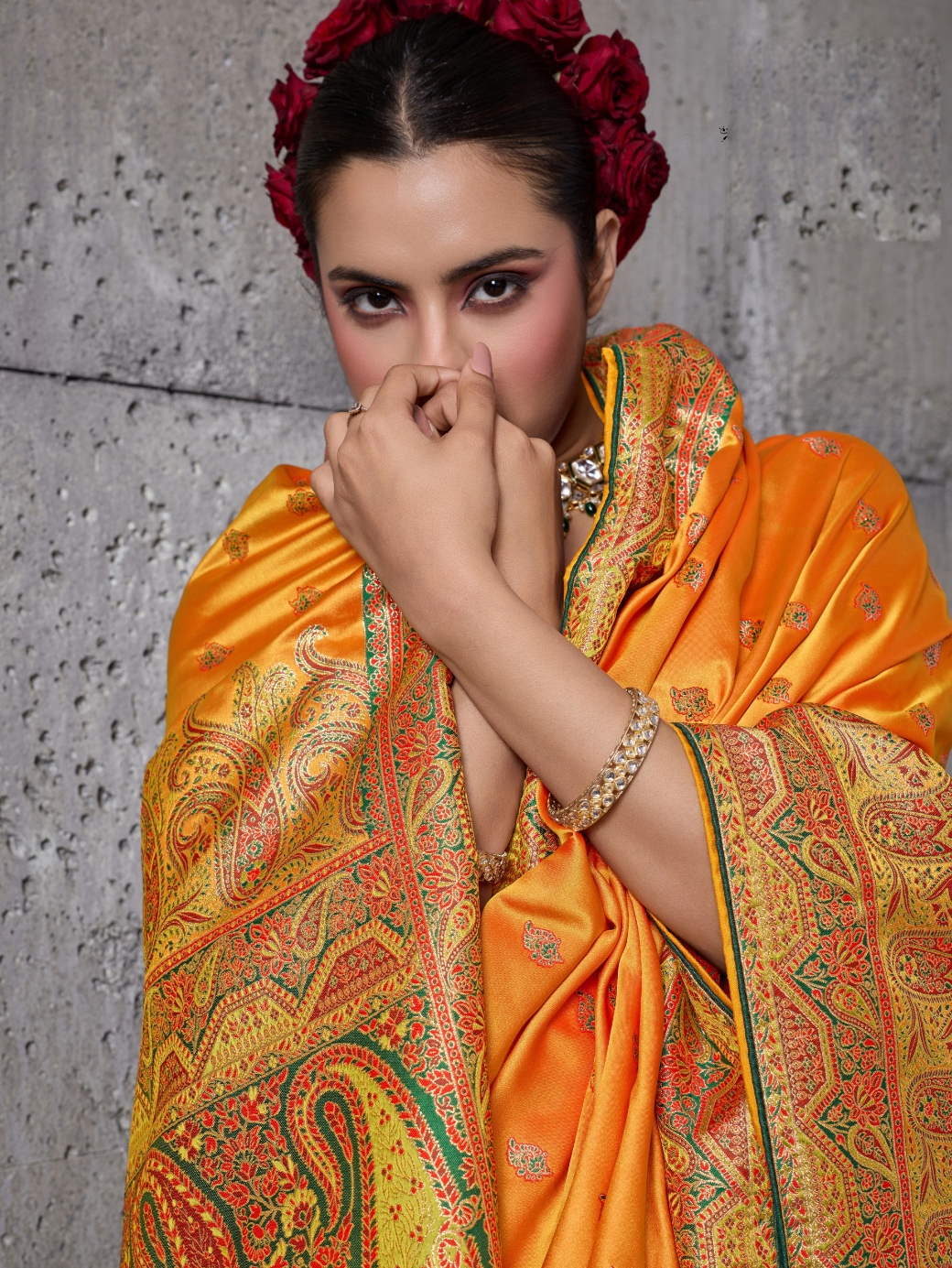 Mustard Paisley Meenakari Satin Silk Saree