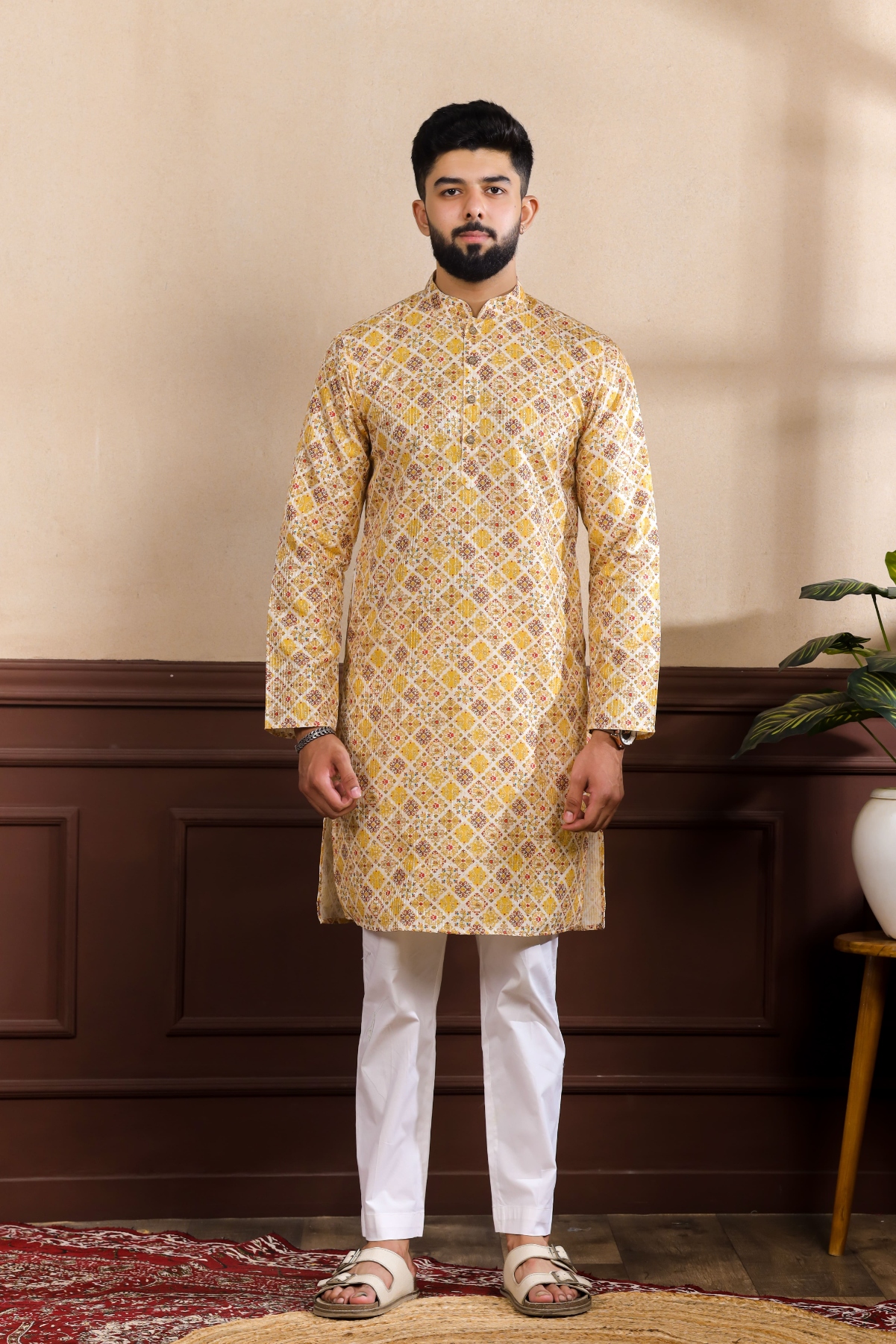 Mustard Paisley Printed Art Silk Wedding Kurta Pyjama