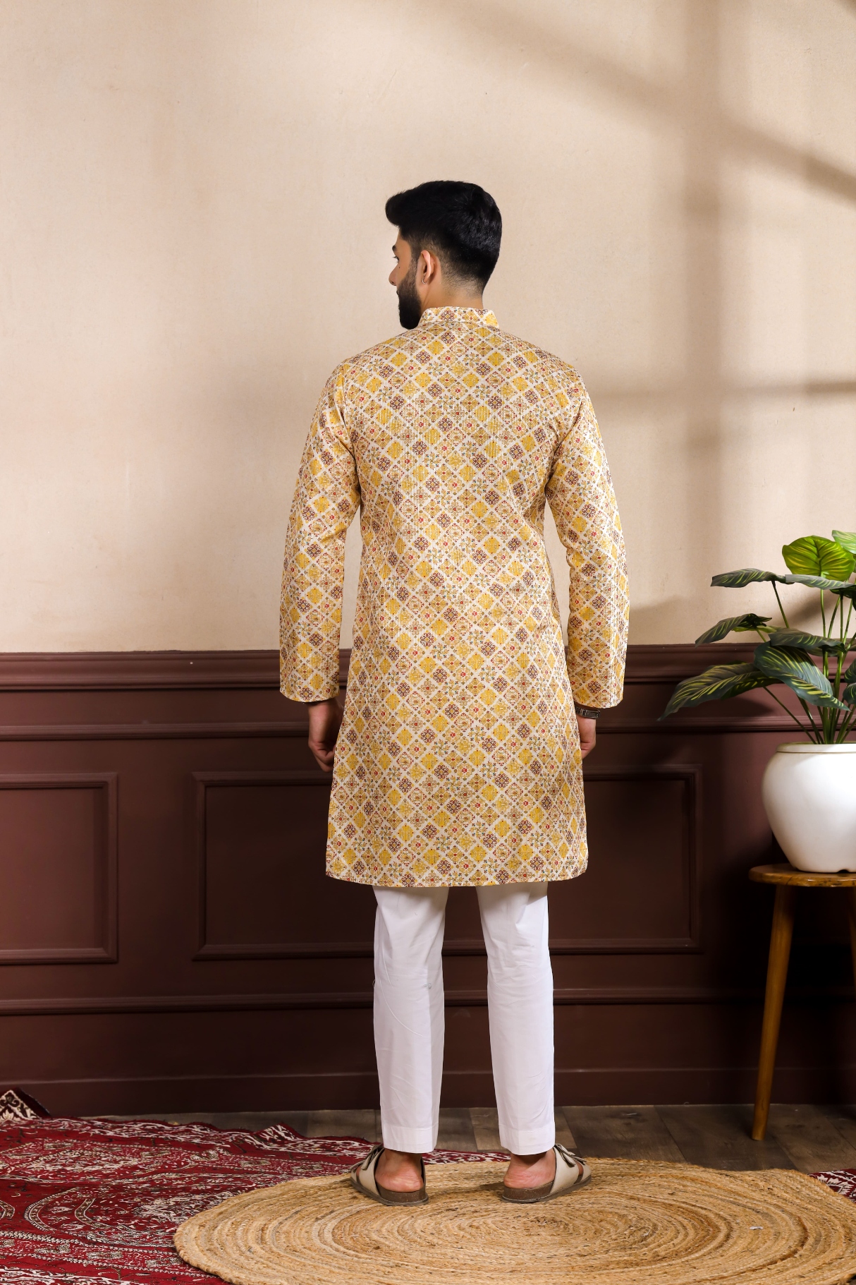 Mustard Paisley Printed Art Silk Wedding Kurta Pyjama — alternate view