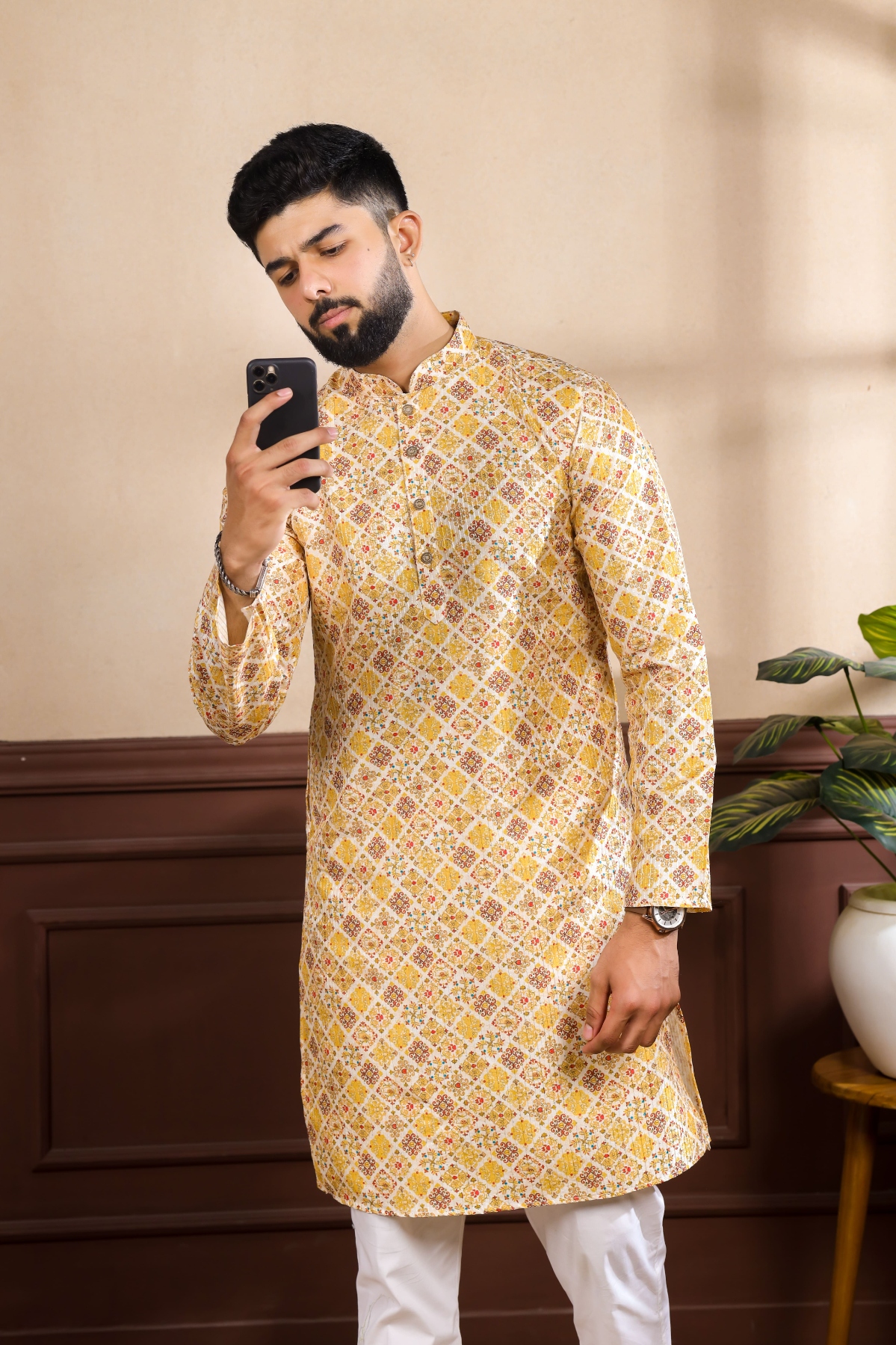 Mustard Paisley Printed Art Silk Wedding Kurta Pyjama