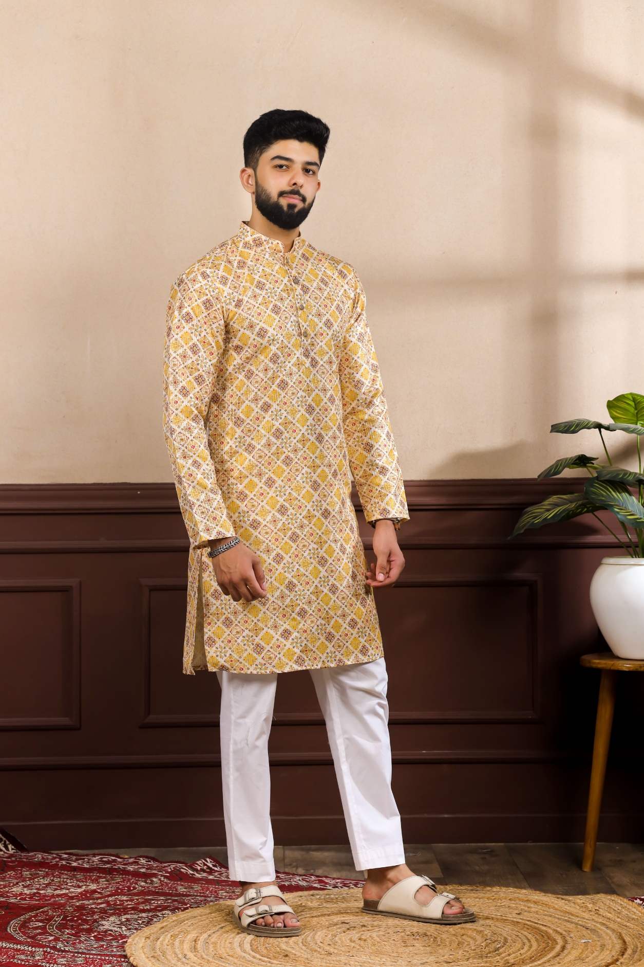 Mustard Paisley Printed Art Silk Wedding Kurta Pyjama