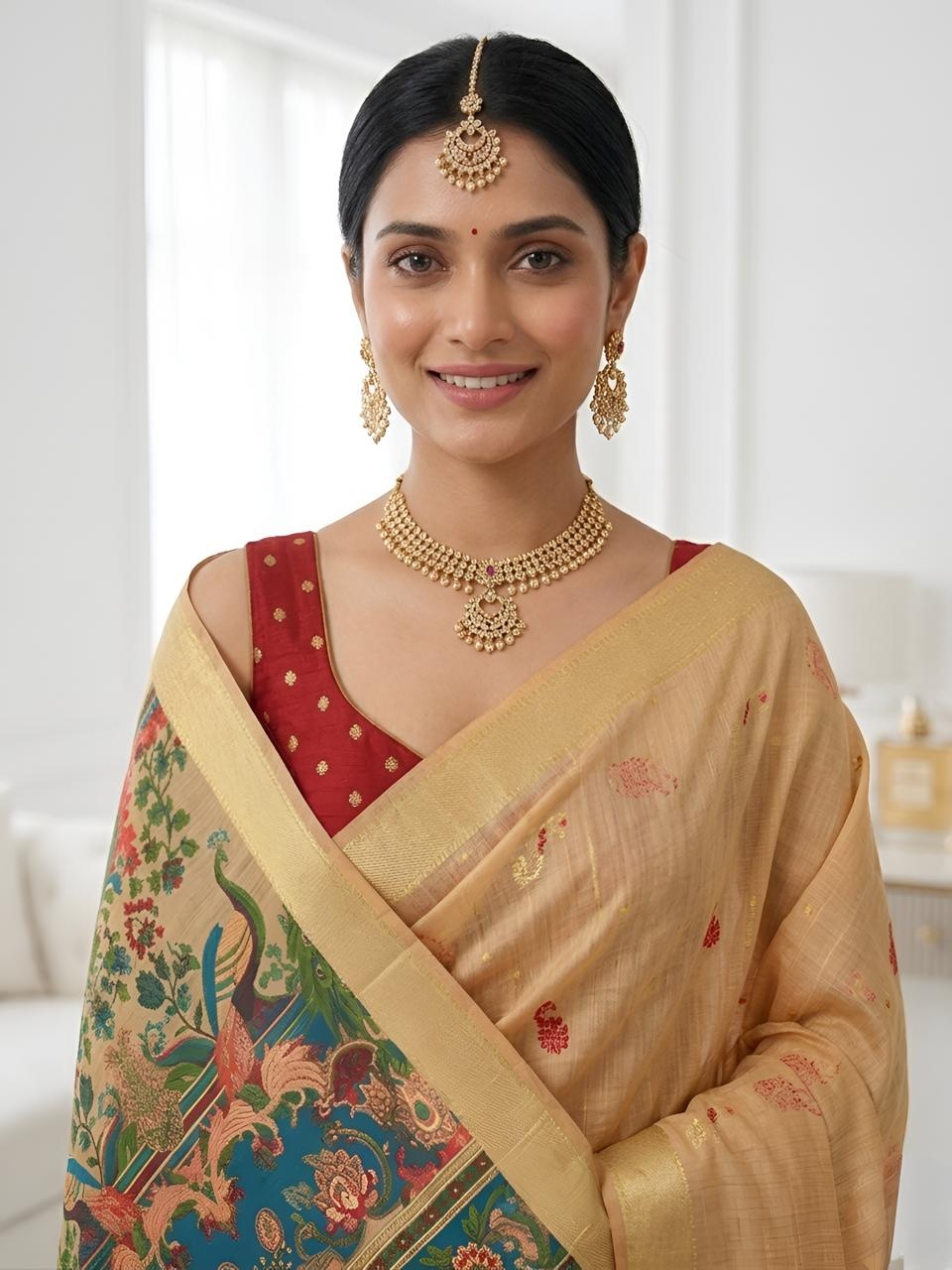 Mustard Peacock Motif Cotton Saree — alternate view