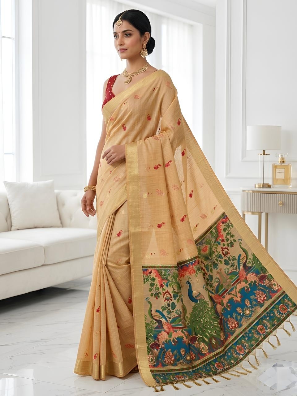 Mustard Peacock Motif Cotton Saree