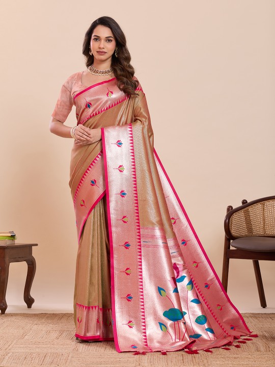 Mustard Pink Zari Designer Soft Silk Saree