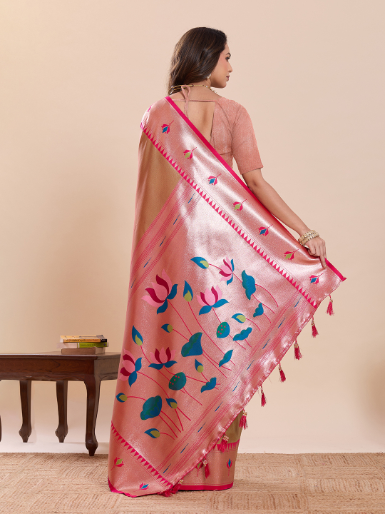 Mustard Pink Zari Designer Soft Silk Saree — alternate view