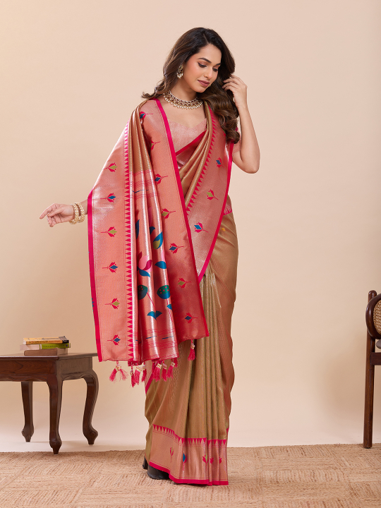 Mustard Pink Zari Designer Soft Silk Saree