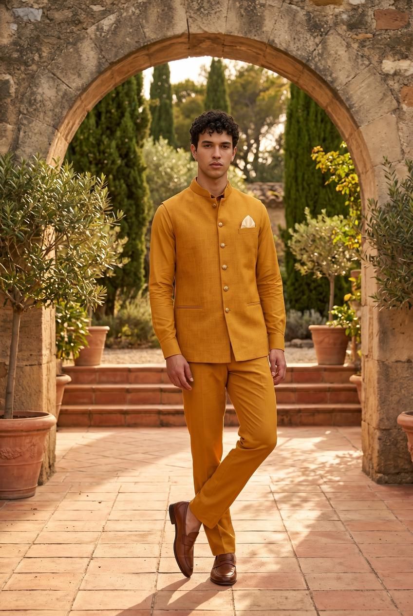 Mustard Prime Jute Nehru Jacket — alternate view