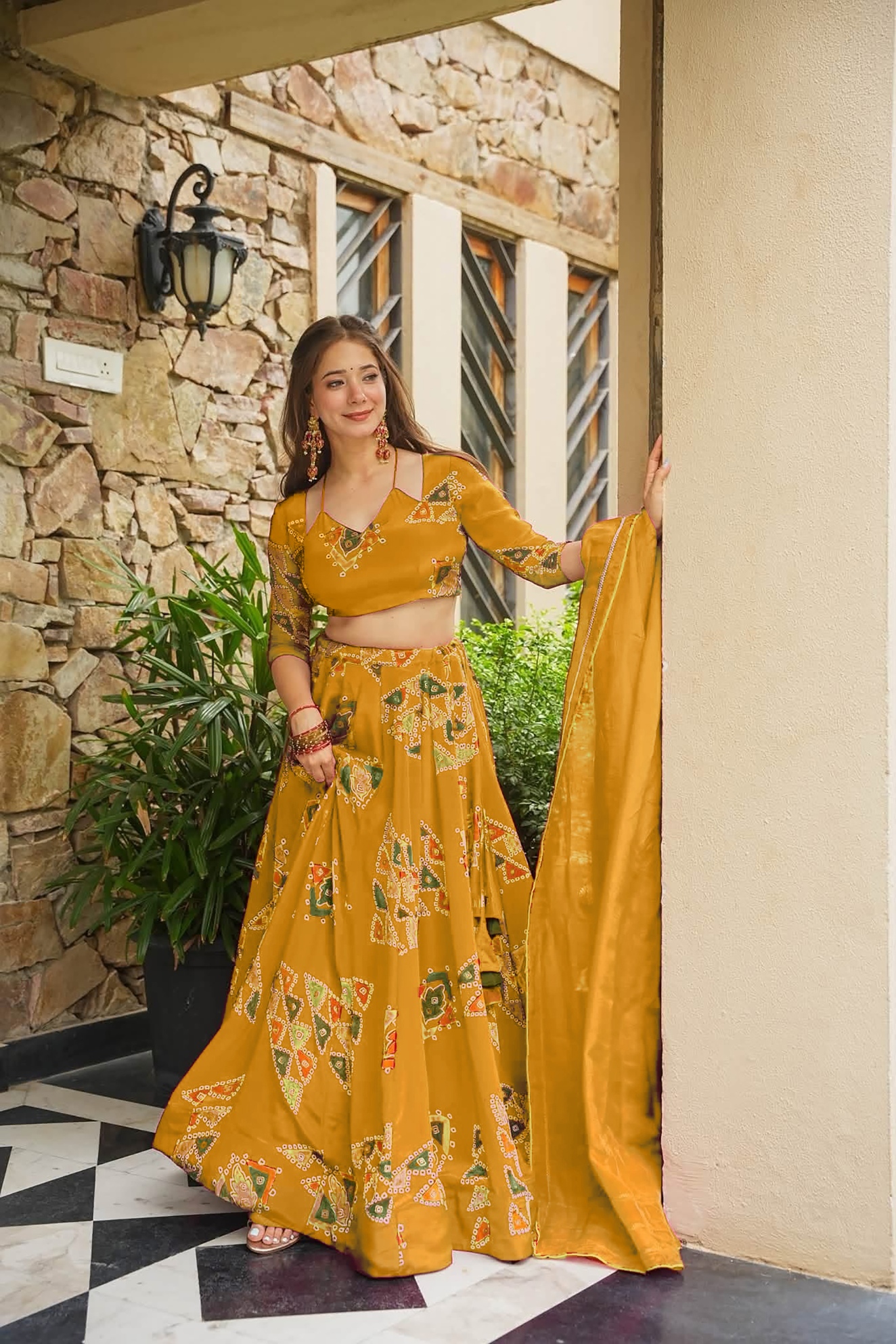 Mustard Printed Designer French Crepe Crop Top Lehenga