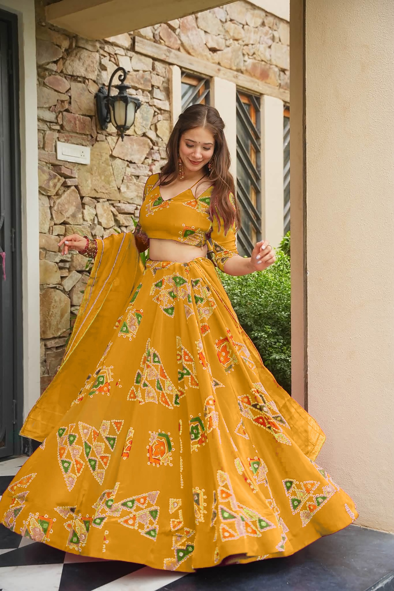 Mustard Printed Designer French Crepe Crop Top Lehenga