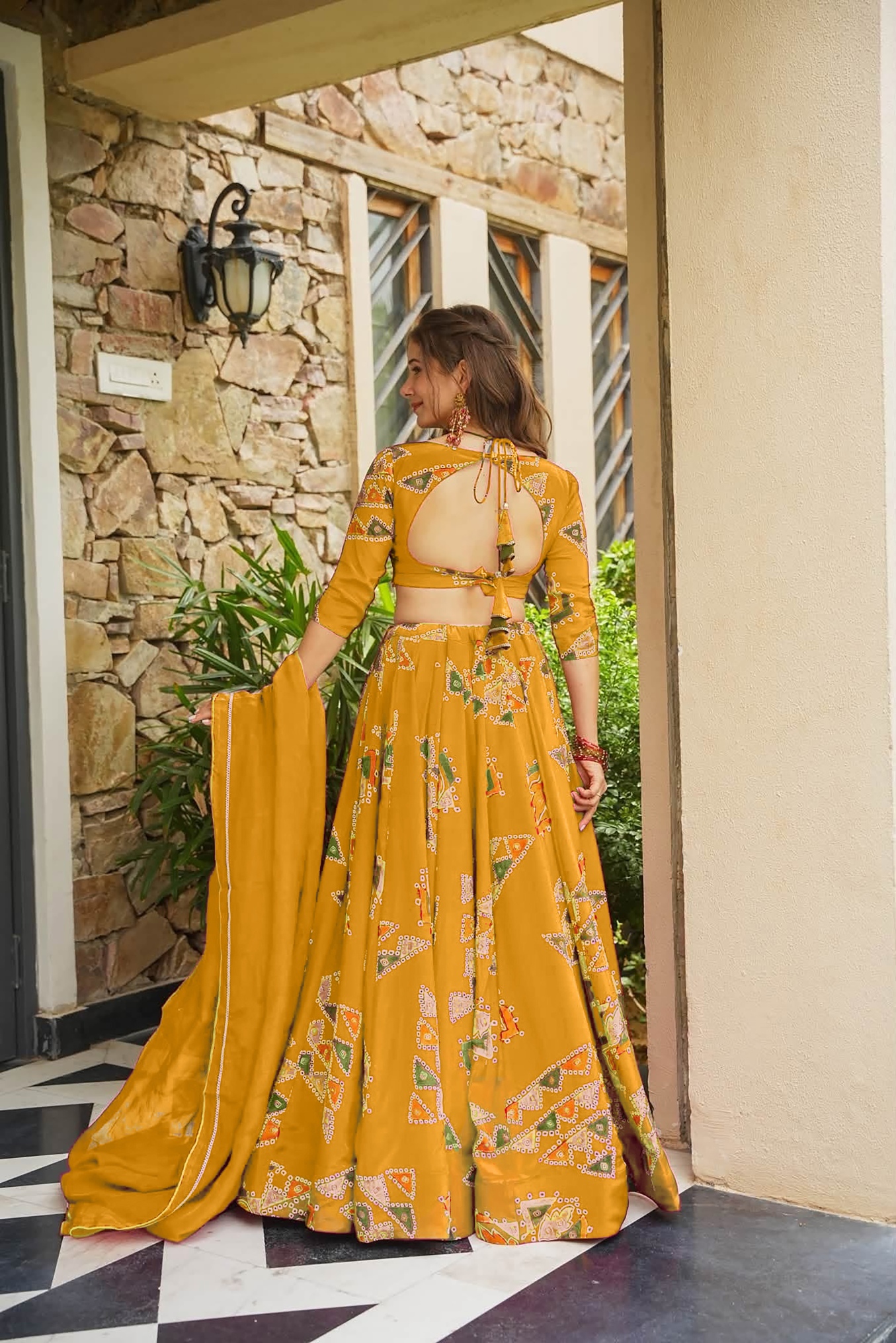 Mustard Printed Designer French Crepe Crop Top Lehenga