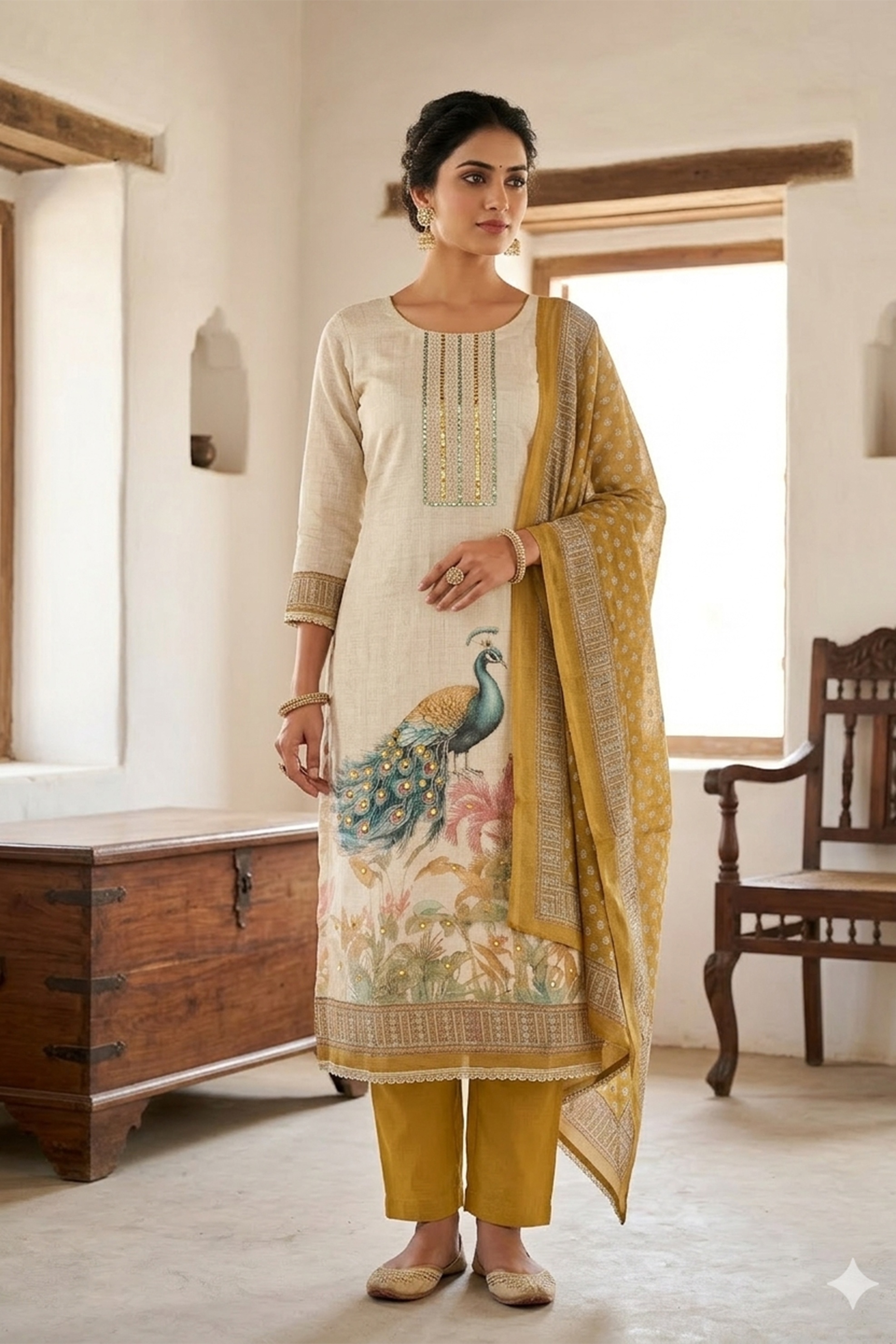 Mustard Printed Linen Cotton Salwar Suit