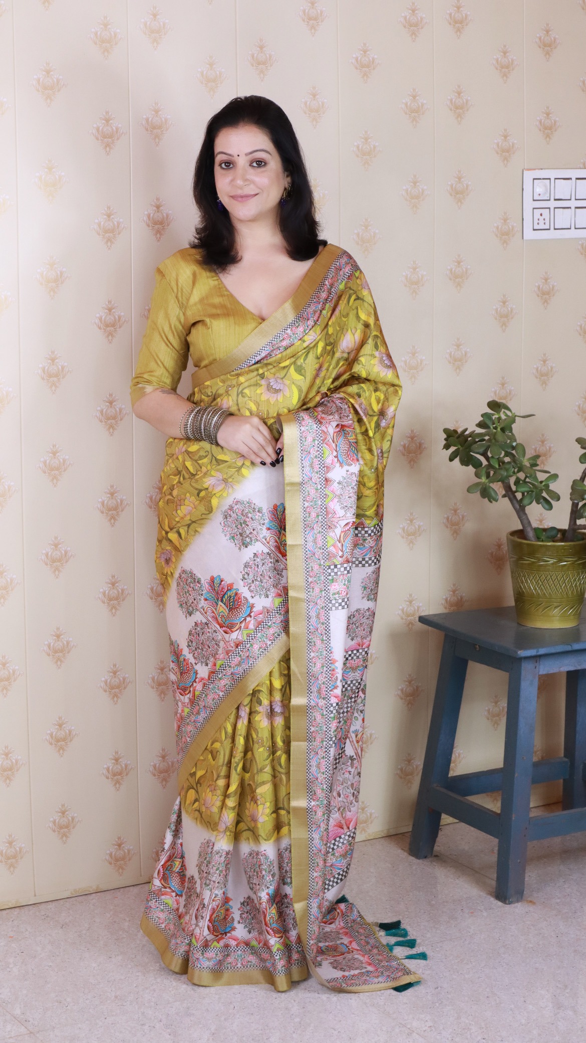 Mustard Printed Madhubani Tussar Silk Saree