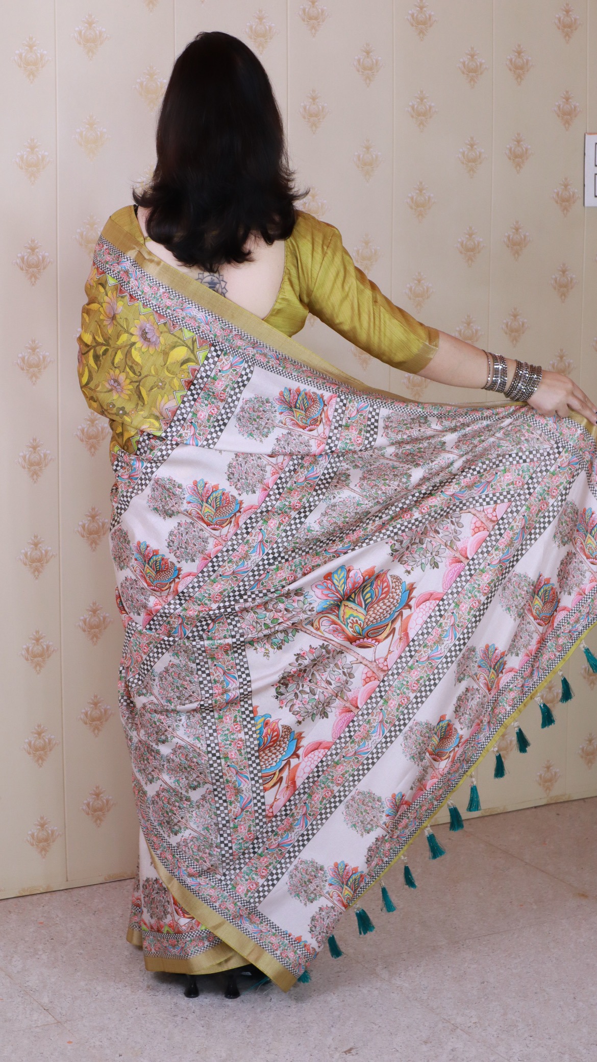 Mustard Printed Madhubani Tussar Silk Saree — alternate view