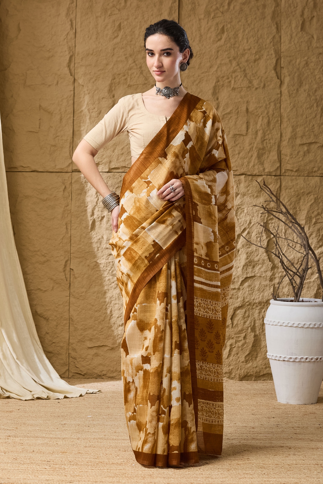 Mustard Printed Silk Blend Ready To Wear Saree