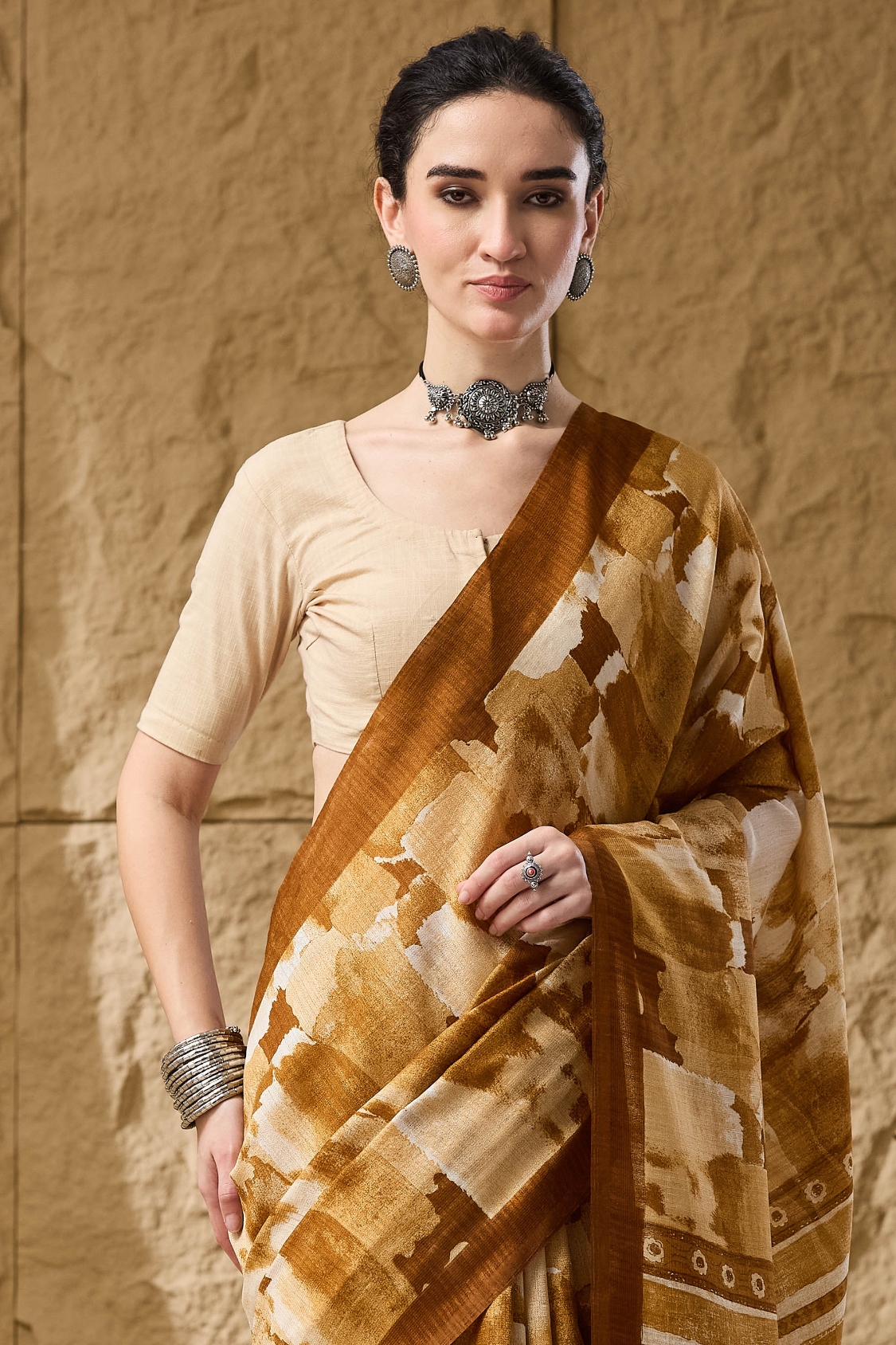 Mustard Printed Silk Blend Ready To Wear Saree