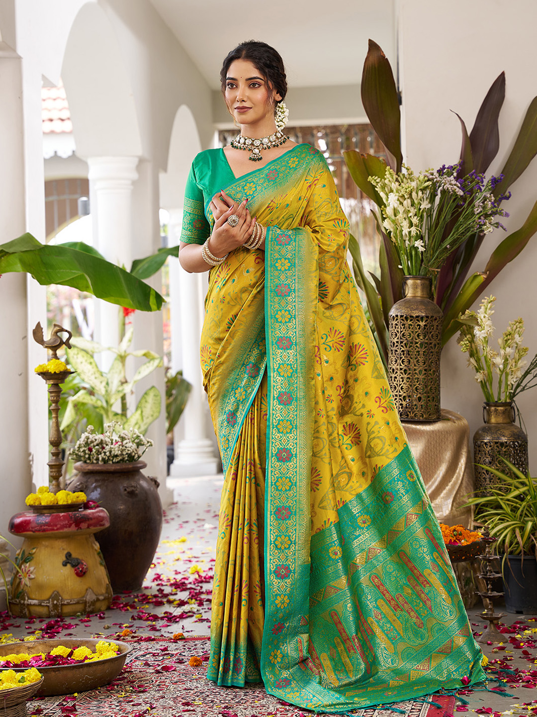 Mustard Rama Soft Silk Woven Saree