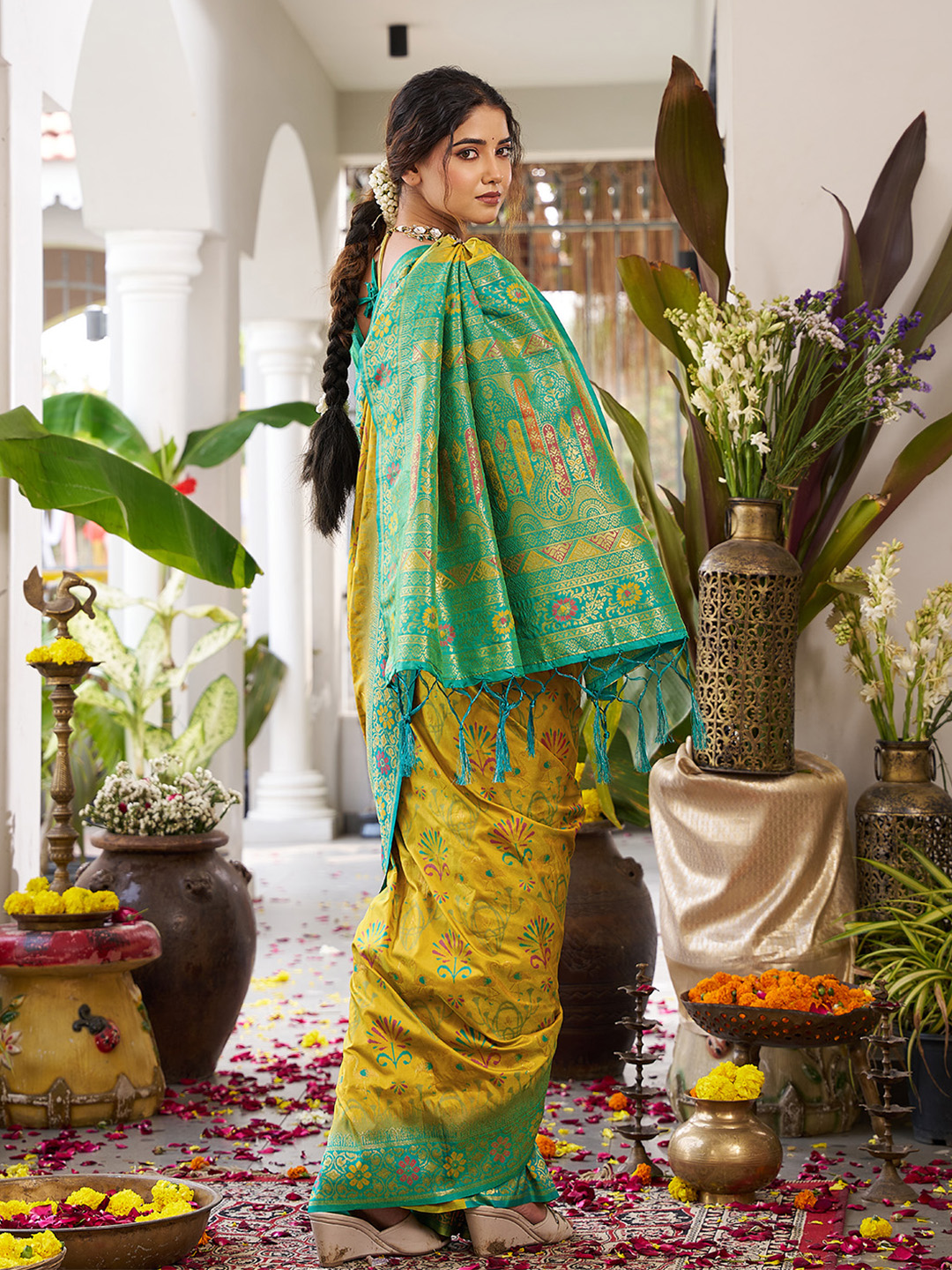Mustard Rama Soft Silk Woven Saree — alternate view