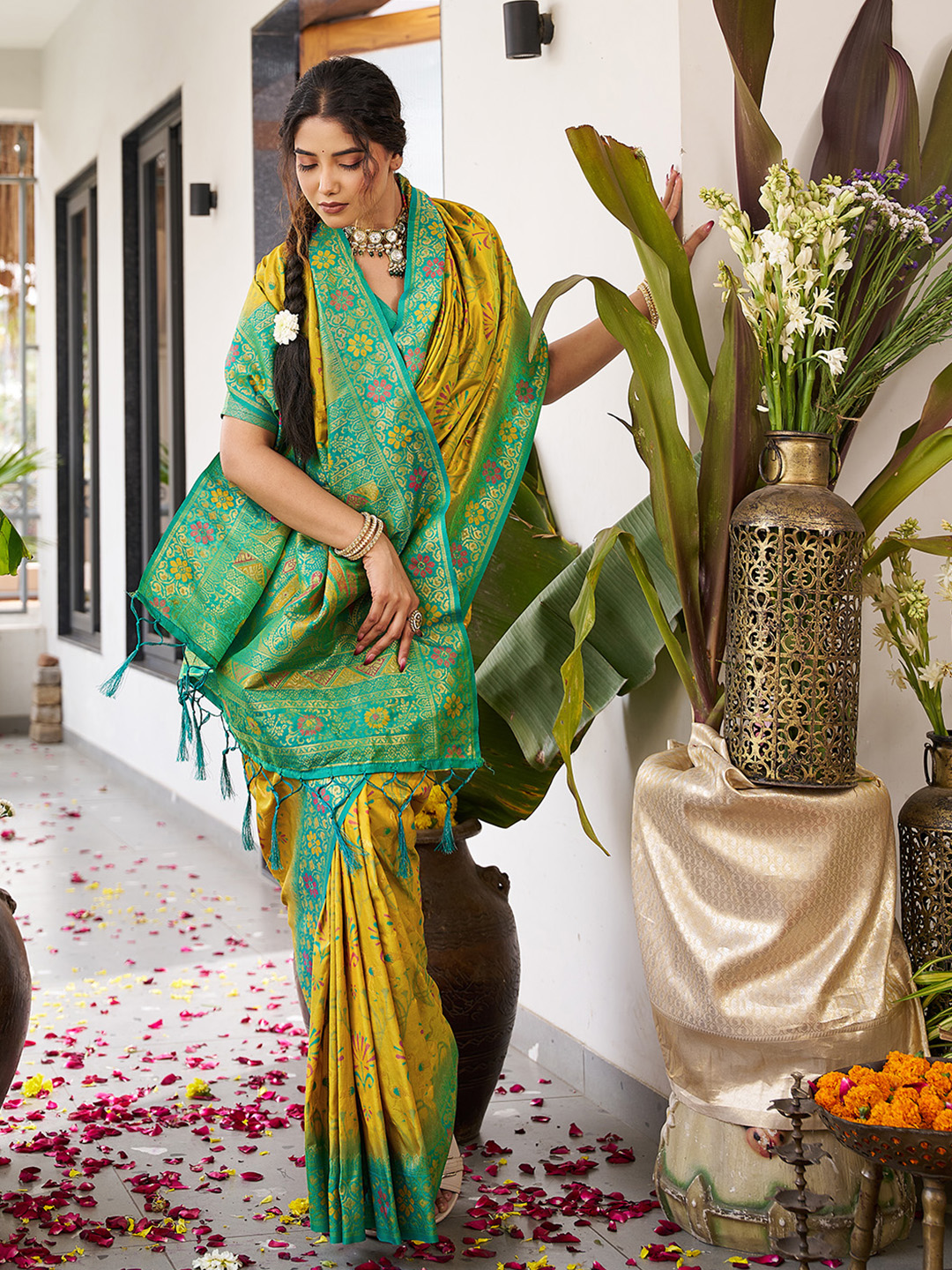 Mustard Rama Soft Silk Woven Saree
