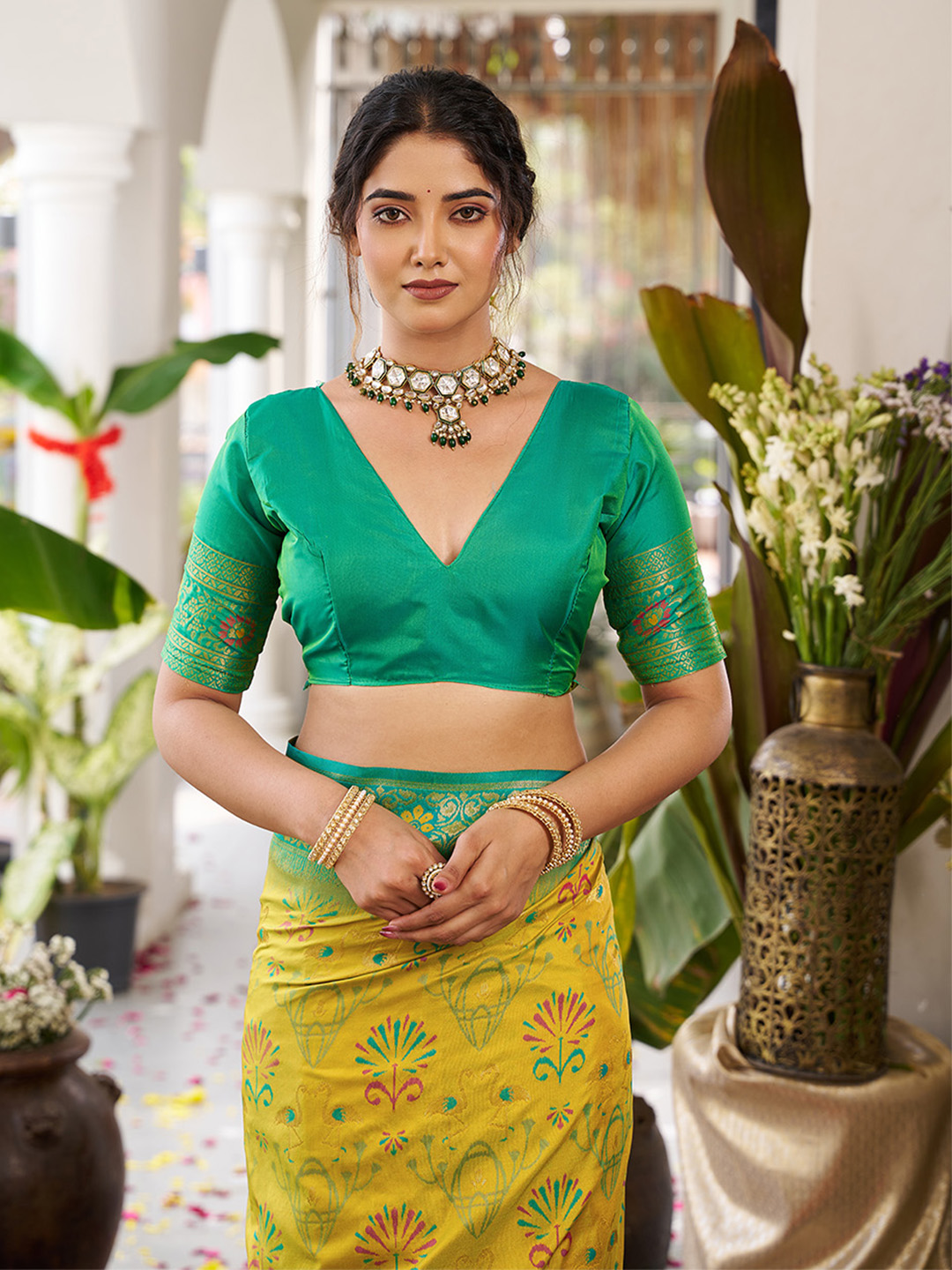 Mustard Rama Soft Silk Woven Saree