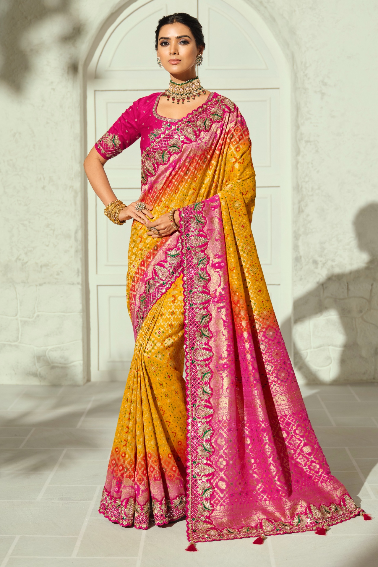 Mustard Rani Pink Bandhej Moti Work Georgette Saree