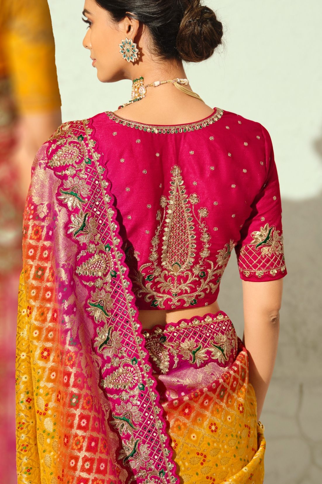 Mustard Rani Pink Bandhej Moti Work Georgette Saree — alternate view