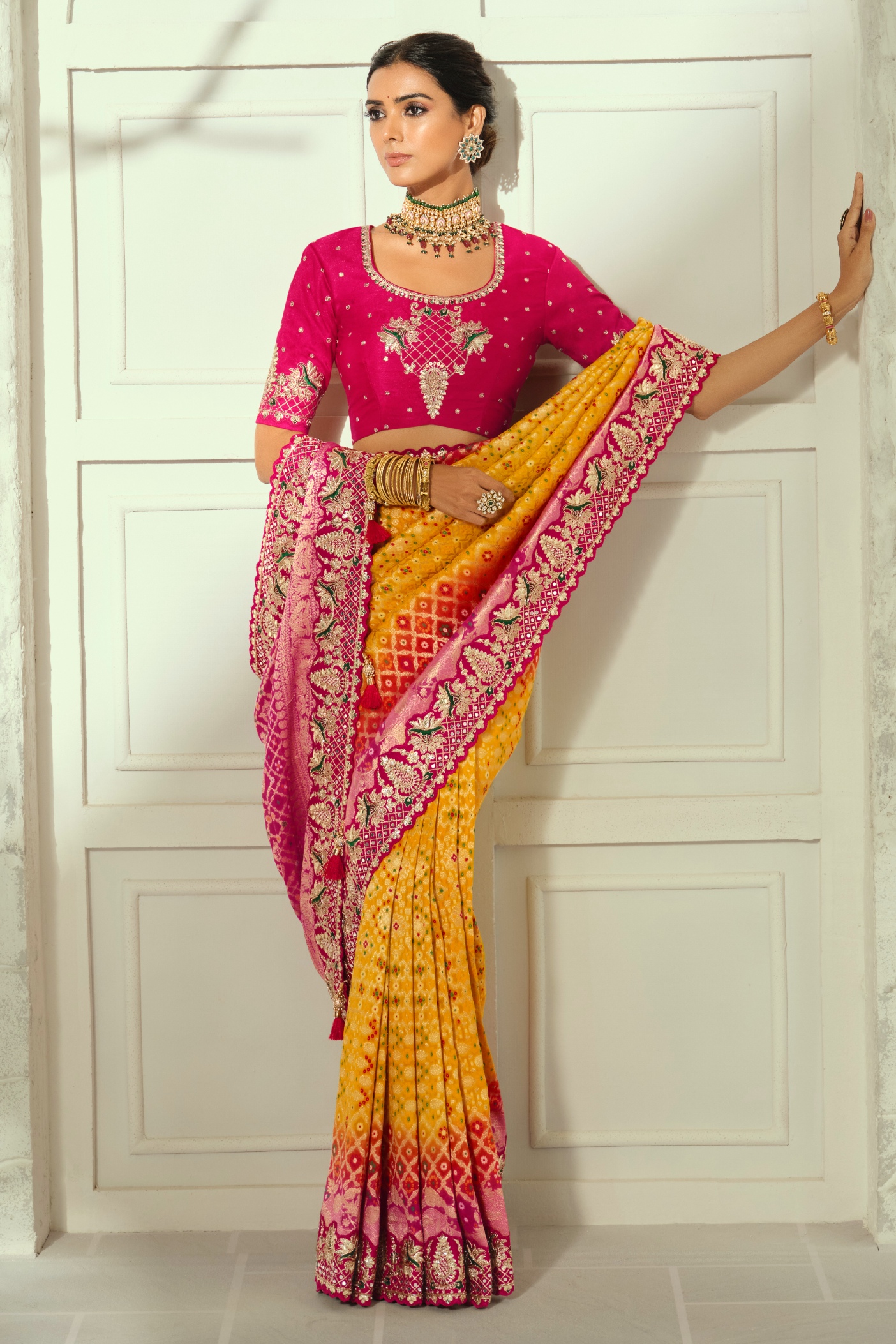 Mustard Rani Pink Bandhej Moti Work Georgette Saree