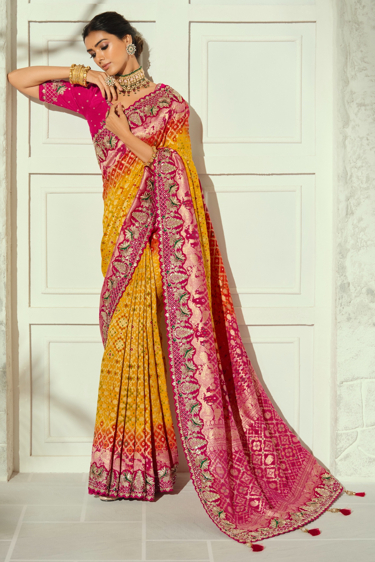 Mustard Rani Pink Bandhej Moti Work Georgette Saree