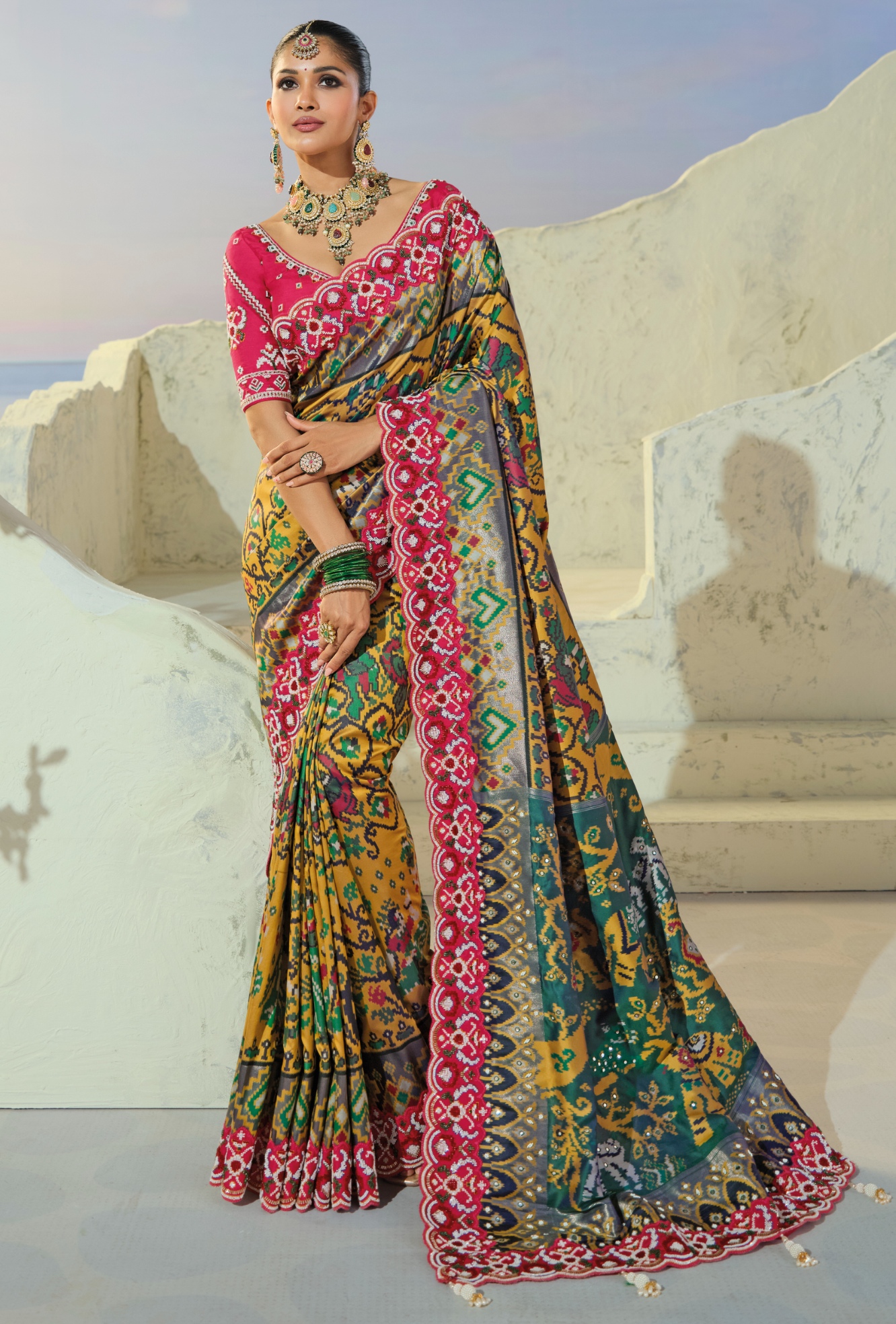 Mustard Rani Pink Patola Moti Pure Patan Saree