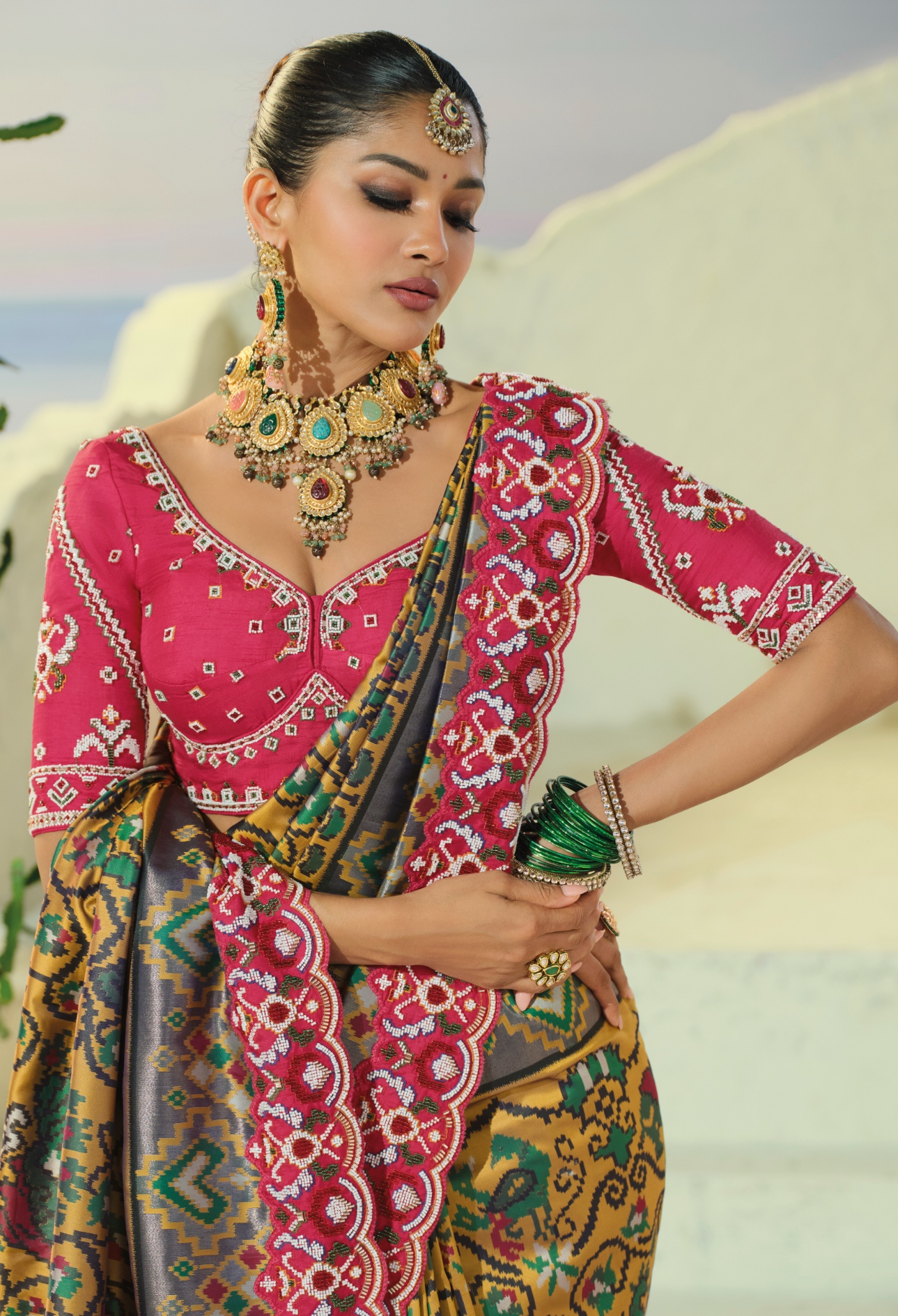 Mustard Rani Pink Patola Moti Pure Patan Saree